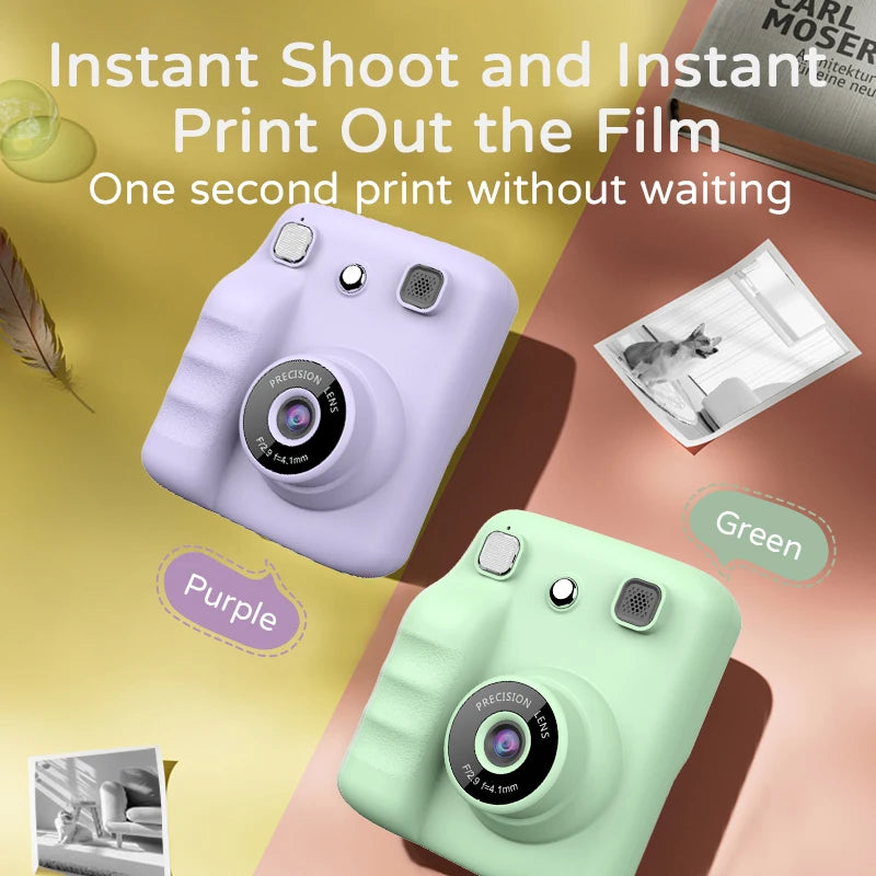 Cute Purple Kids Photo Camera Printer with Game Mini Digital Video Child Instant Print Camera 4-12 Years Kids Girls Boyes Gifts