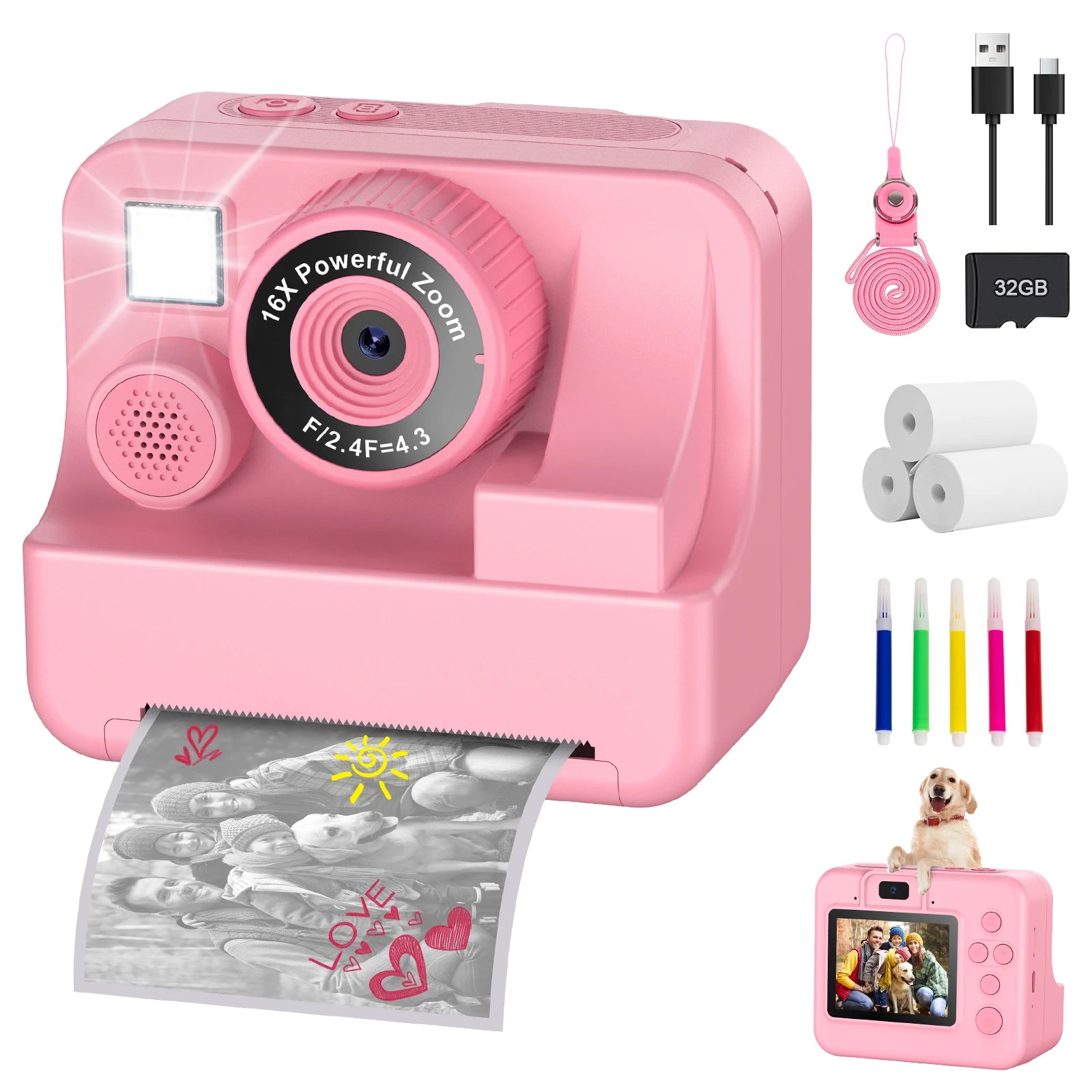 New Bee H16 Kids Instant Print Camera 1080P HD Dual Lens Selfie 32GB Digital Camera for Girls Boys Christmas Birthday Gifts Toys