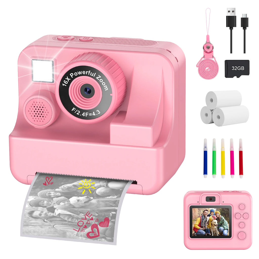 New Bee H16 Kids Instant Print Camera 1080P HD Dual Lens Selfie 32GB Digital Camera for Girls Boys Christmas Birthday Gifts Toys