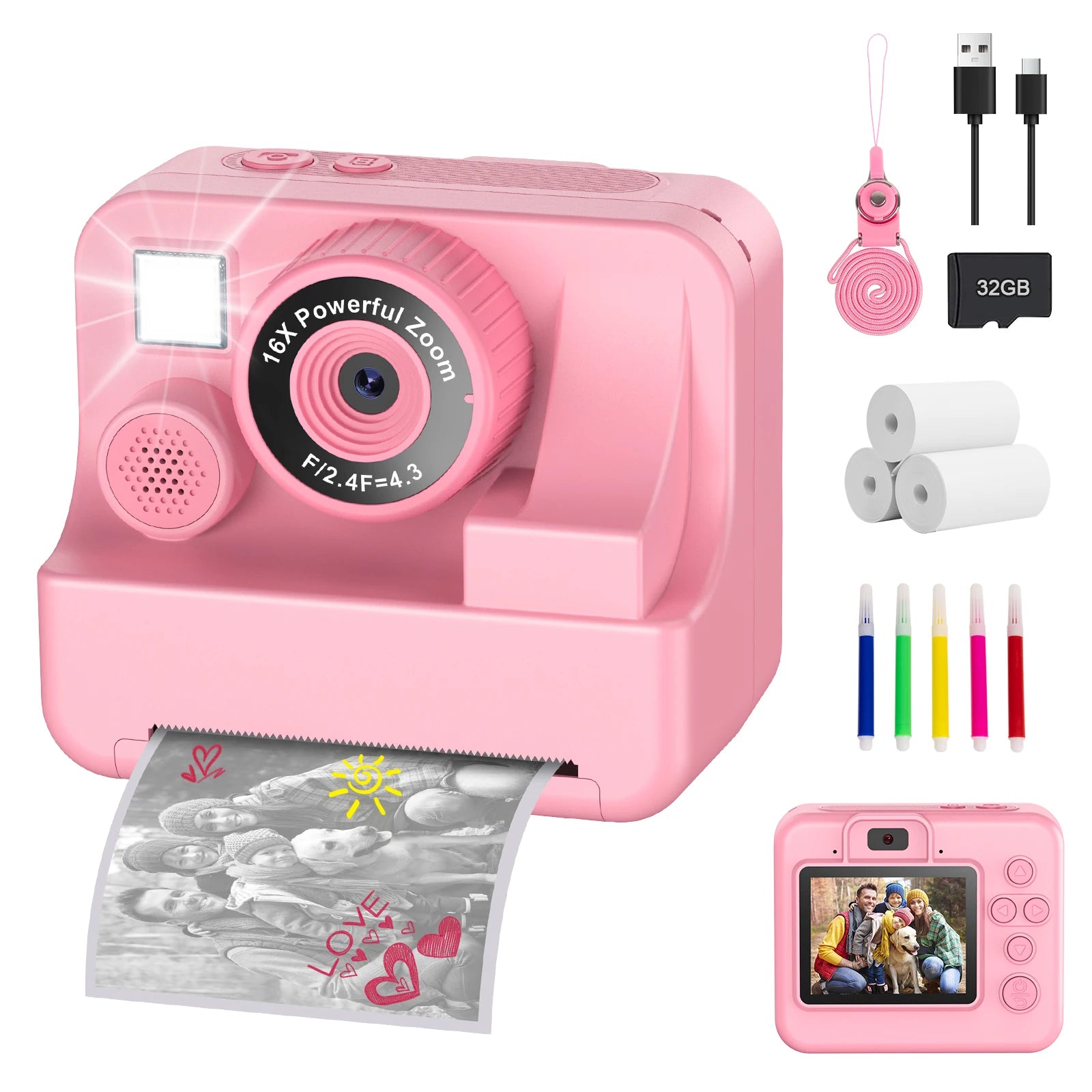 New Bee H16 Kids Instant Print Camera 1080P HD Dual Lens Selfie 32GB Digital Camera for Girls Boys Christmas Birthday Gifts Toys