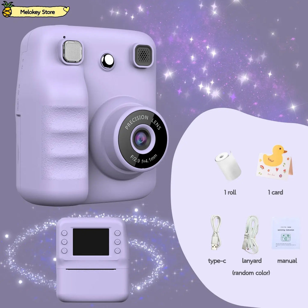 Cute Purple Kids Photo Camera Printer with Game Mini Digital Video Child Instant Print Camera 4-12 Years Kids Girls Boyes Gifts