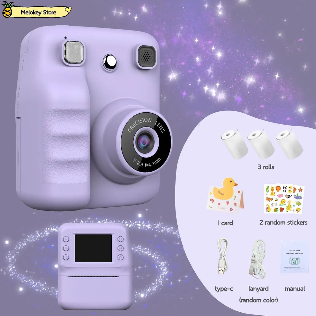 Cute Purple Kids Photo Camera Printer with Game Mini Digital Video Child Instant Print Camera 4-12 Years Kids Girls Boyes Gifts